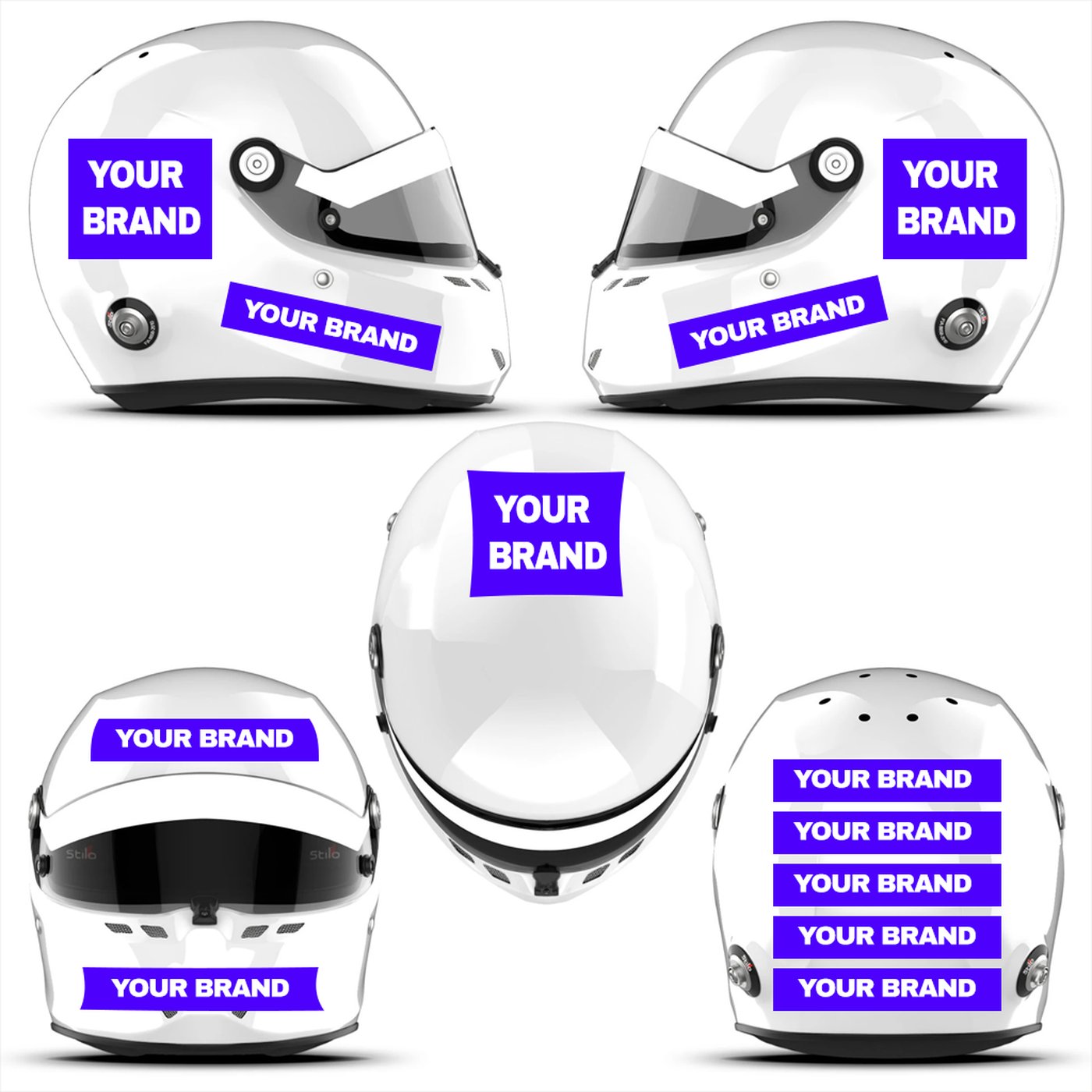 Helmet sponsor placement options — sides, top, chin bar, and rear panel